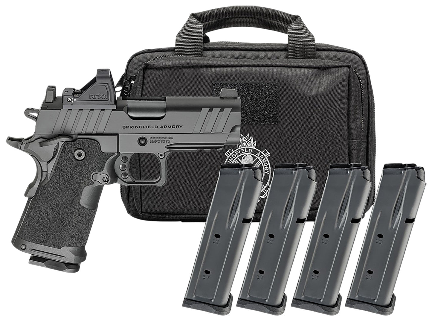 Springfield Armory PH9115AOSPAC 1911 DS Prodigy Gear Pac 9mm Luger 15+1 3.50" Black Melonite Match Grade Barrel, Black Cerakote Carbon Steel Optic Ready/Serrated Slide, Black Cerakote Steel Frame w/Beavertail & Picatinny Rail, Viridian RFX-11