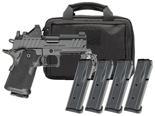 Springfield Armory PH9115AOSPAC 1911 DS Prodigy Gear Pac 9mm Luger 15+1 3.50" Black Melonite Match Grade Barrel, Black Cerakote Carbon Steel Optic Ready/Serrated Slide, Black Cerakote Steel Frame w/Beavertail & Picatinny Rail, Viridian RFX-11